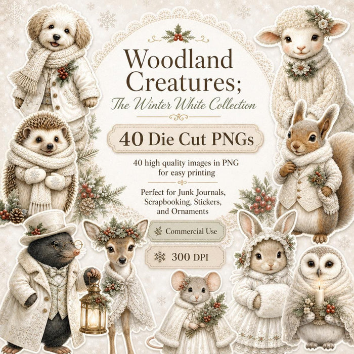 Winter White Woodland Die Cut Clipart, 40 Vintage Animal PNG, Fussy Cut Junk Journal