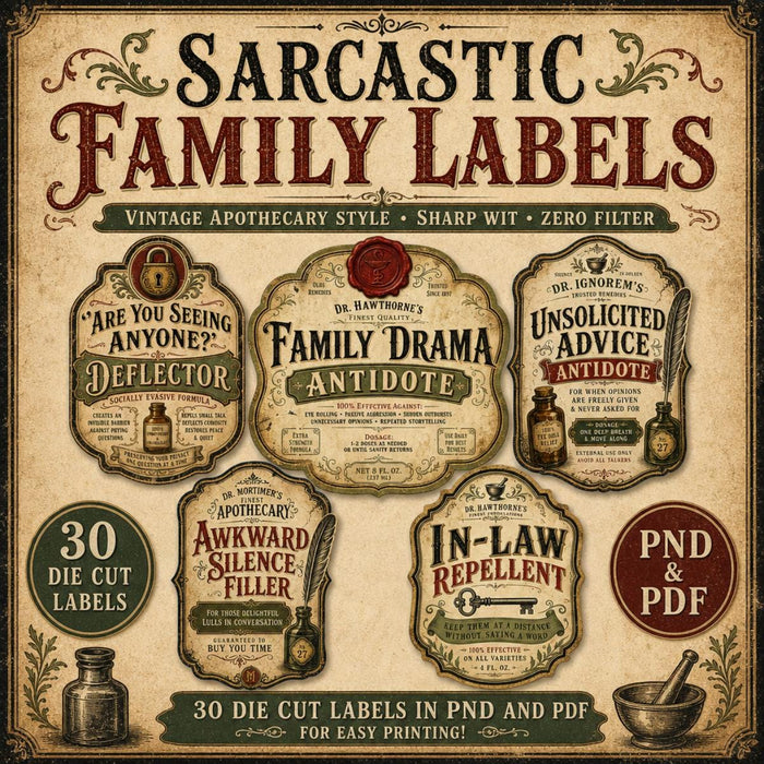 Sarcastic Family Labels PNG Clipart Bundle, Vintage Apothecary Humor, Funny Holiday Gatherings