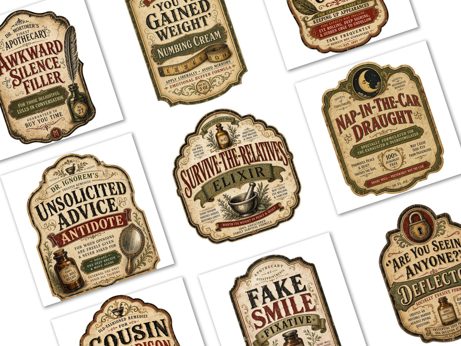 Sarcastic Family Labels PNG Clipart Bundle, Vintage Apothecary Humor, Funny Holiday Gatherings