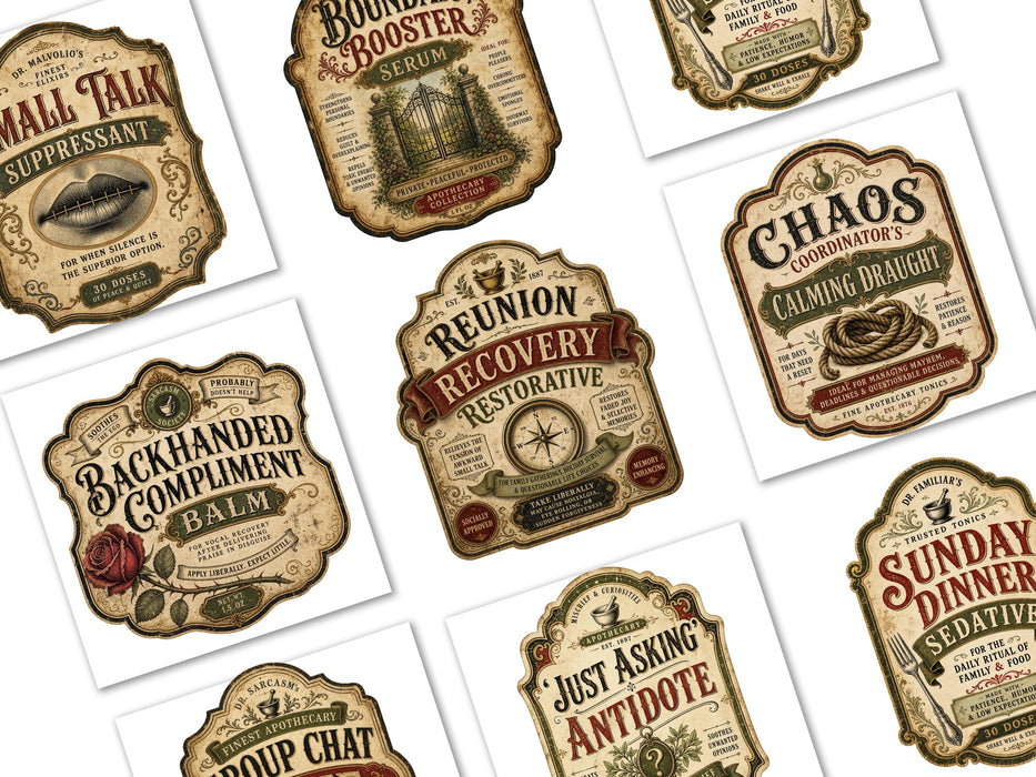 Sarcastic Family Labels PNG Clipart Bundle, Vintage Apothecary Humor, Funny Holiday Gatherings