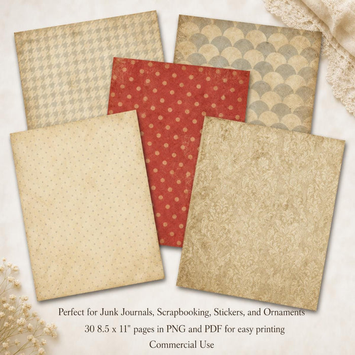 Vintage Winter Christmas Neutral Patterned Papers, 25 Junk Journal Digital Paper Pack PNG PDF