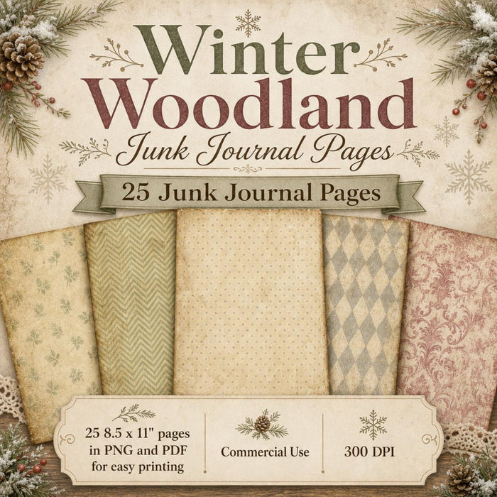 Vintage Winter Christmas Neutral Patterned Papers, 25 Junk Journal Digital Paper Pack PNG PDF