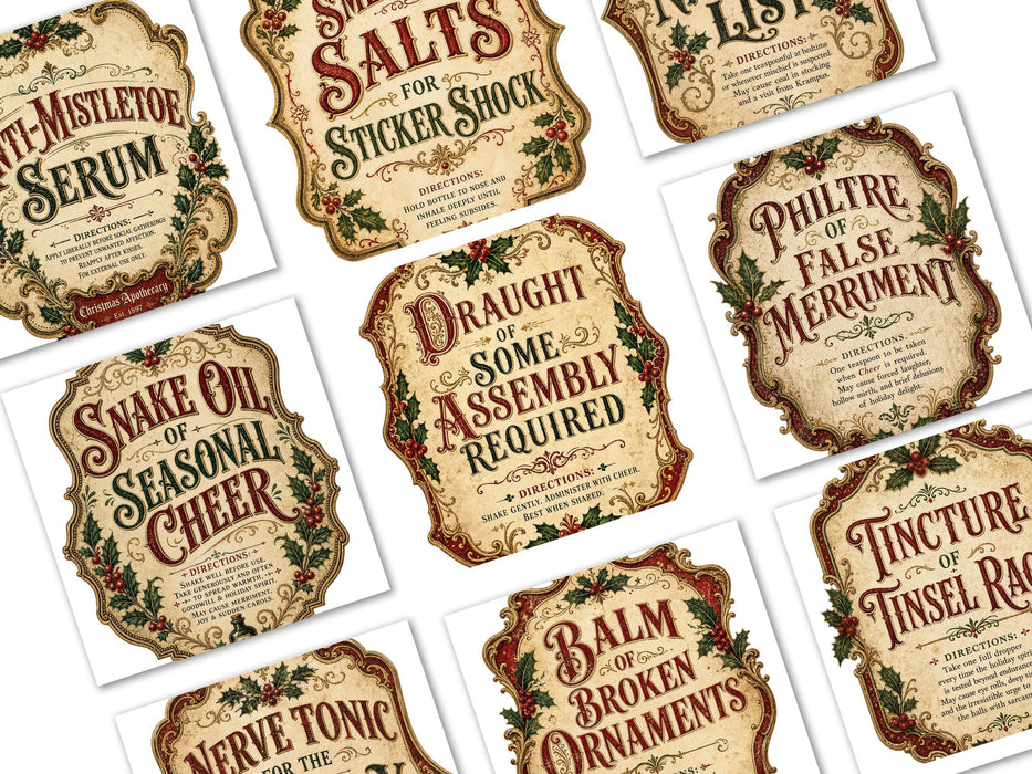 Witty Victorian Christmas Apothecary Labels PNG Clipart Bundle, 40 Funny Holiday Potion Labels