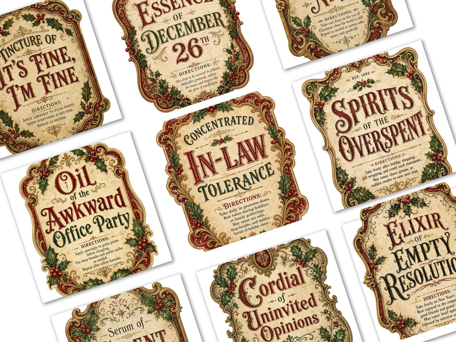 Witty Victorian Christmas Apothecary Labels PNG Clipart Bundle, 40 Funny Holiday Potion Labels