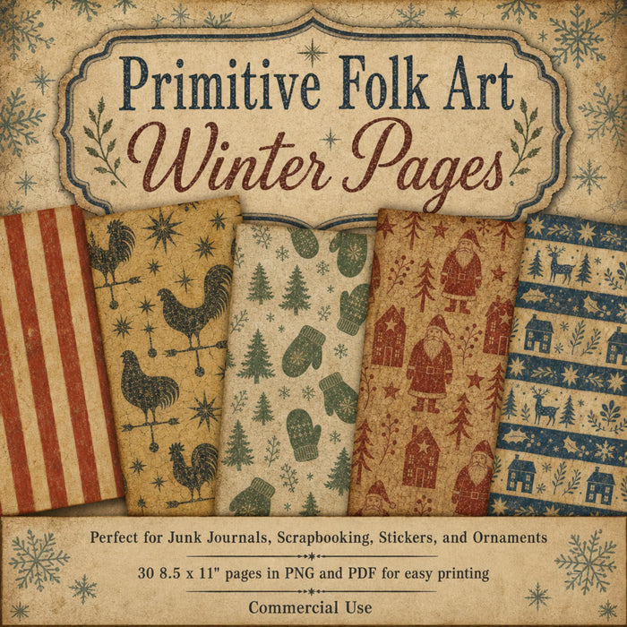 Primitive Folk Art Christmas Digital Paper, 24 Winter Junk Journal Pages, Americana Scrapbook