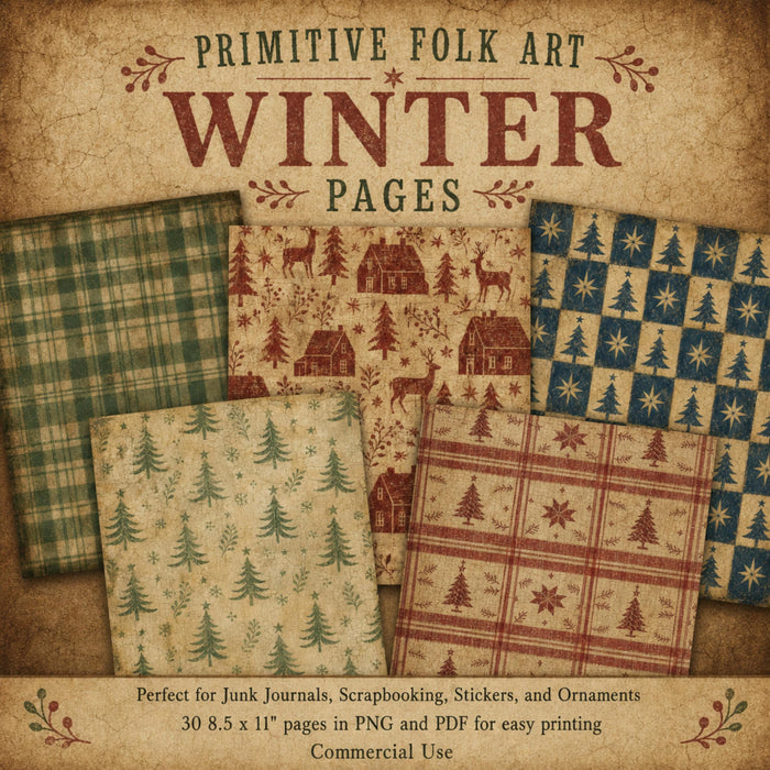 Primitive Folk Art Christmas Digital Paper, 24 Winter Junk Journal Pages, Americana Scrapbook