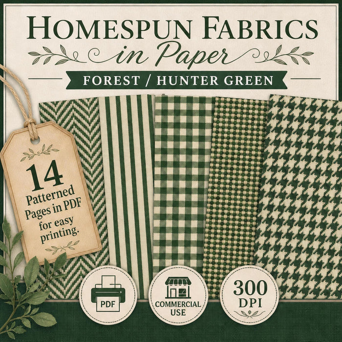 Homespun Fabrics Pine Green Printable Paper Pack, Primitive Farmhouse Plaid Digital Paper