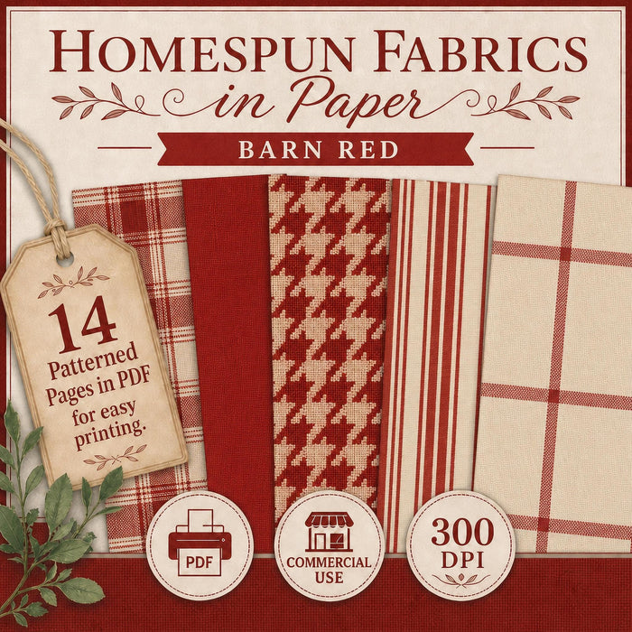Homespun Fabrics Barn Red Printable Paper Pack, Primitive Farmhouse Gingham Digital Paper