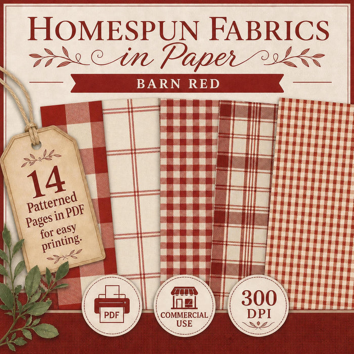 Homespun Fabrics Barn Red Printable Paper Pack, Primitive Farmhouse Gingham Digital Paper
