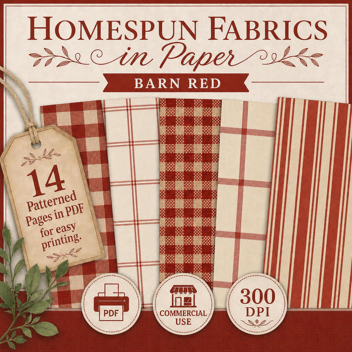 Homespun Fabrics Barn Red Printable Paper Pack, Primitive Farmhouse Gingham Digital Paper