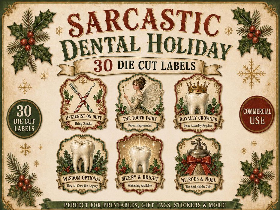 Sarcastic Dental Office Christmas Labels, Dentist Hygienist Desk Staff Gift (30 PNG Files)