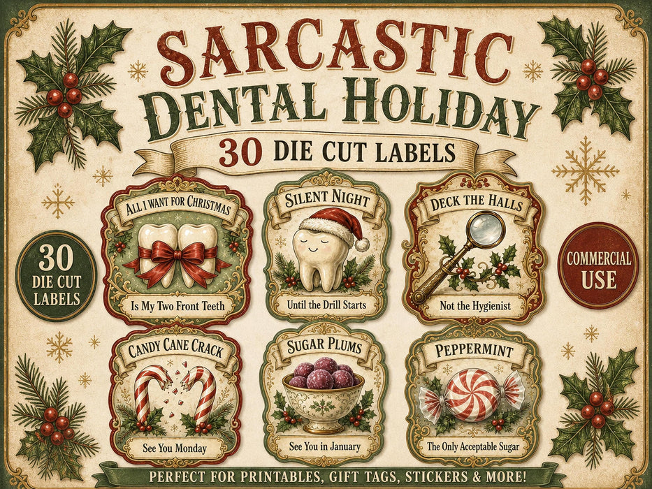 Sarcastic Dental Office Christmas Labels, Dentist Hygienist Desk Staff Gift (30 PNG Files)