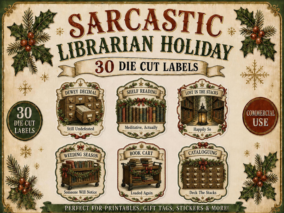 Librarian Christmas Labels PNG Clipart Bundle, Book Lover, Library Staff Gift, Card Catalog