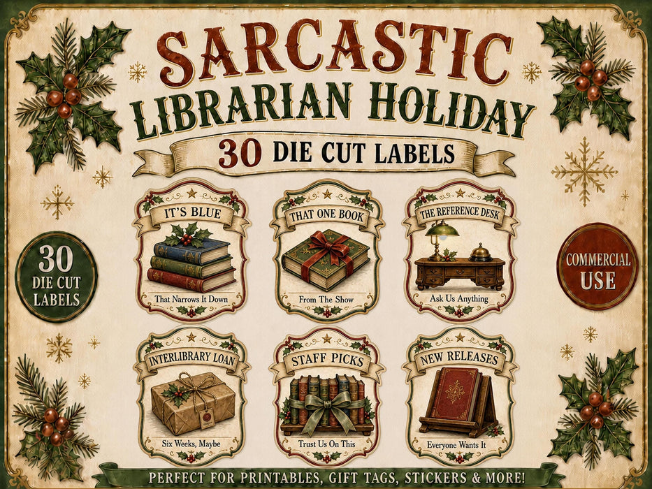 Librarian Christmas Labels PNG Clipart Bundle, Book Lover, Library Staff Gift, Card Catalog