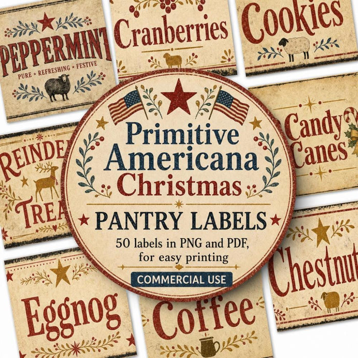 Primitive Americana Christmas Pantry Labels, Printable Can Wrap Labels, Folk Art Farmhouse