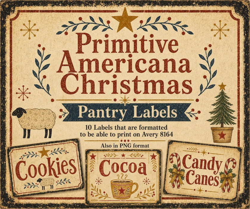 Primitive Americana Christmas Pantry Labels, Printable Can Wrap Labels, Folk Art Farmhouse