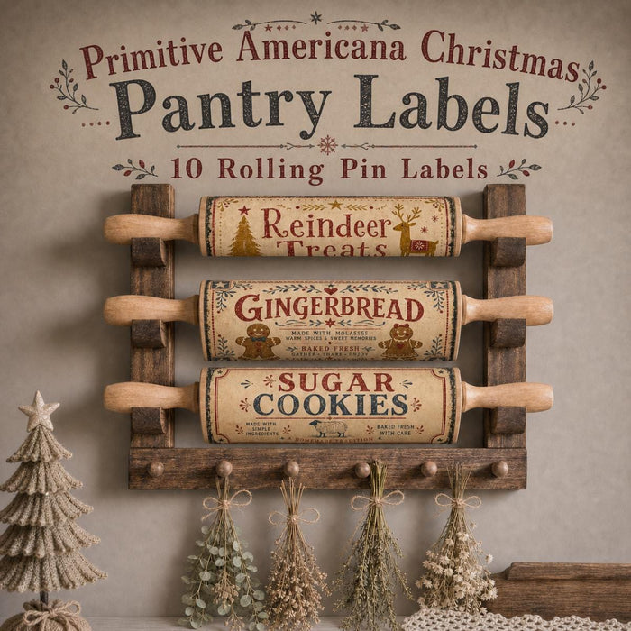 Primitive Americana Christmas Pantry Labels, Printable Can Wrap Labels, Folk Art Farmhouse