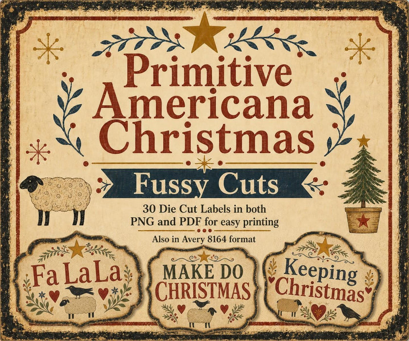 Primitive Americana Christmas Die Cuts, Folk Art Clipart Bundle