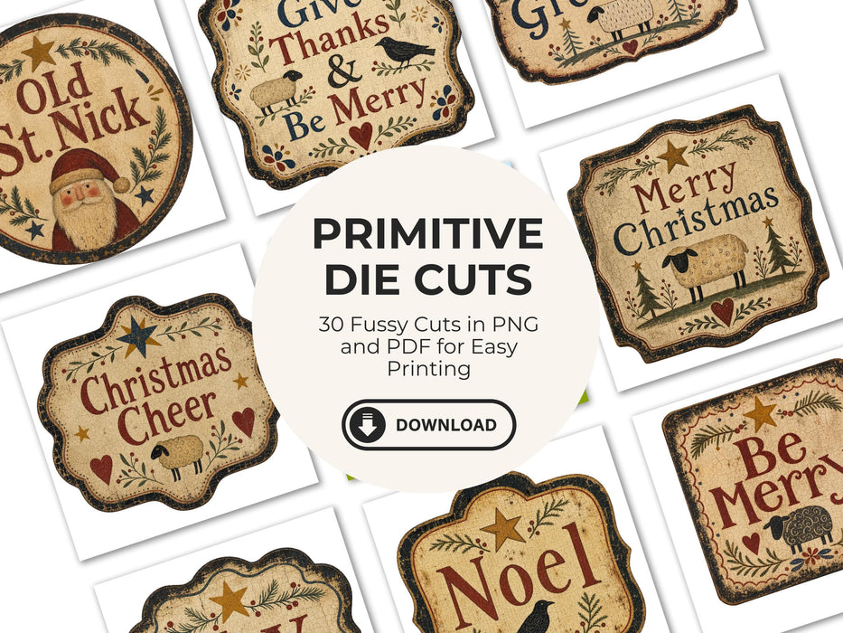Primitive Americana Christmas Die Cuts, Folk Art Clipart Bundle