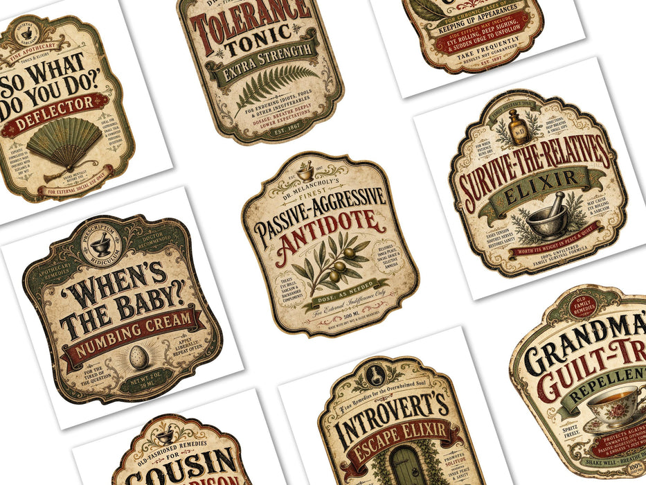 Sarcastic Family Labels PNG Clipart Bundle, Vintage Apothecary Humor, Funny Holiday Gatherings