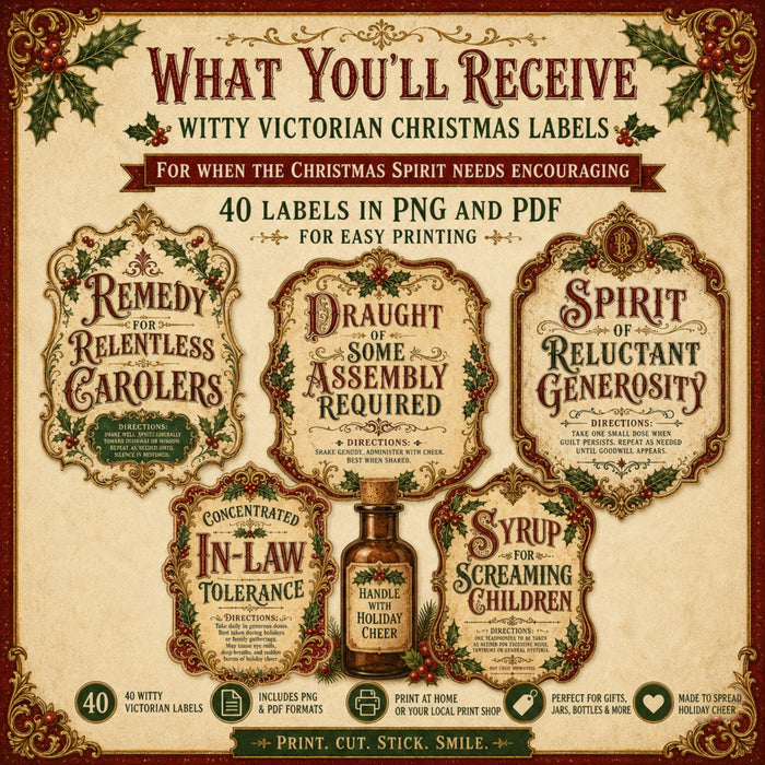 Witty Victorian Christmas Apothecary Labels PNG Clipart Bundle, 40 Funny Holiday Potion Labels