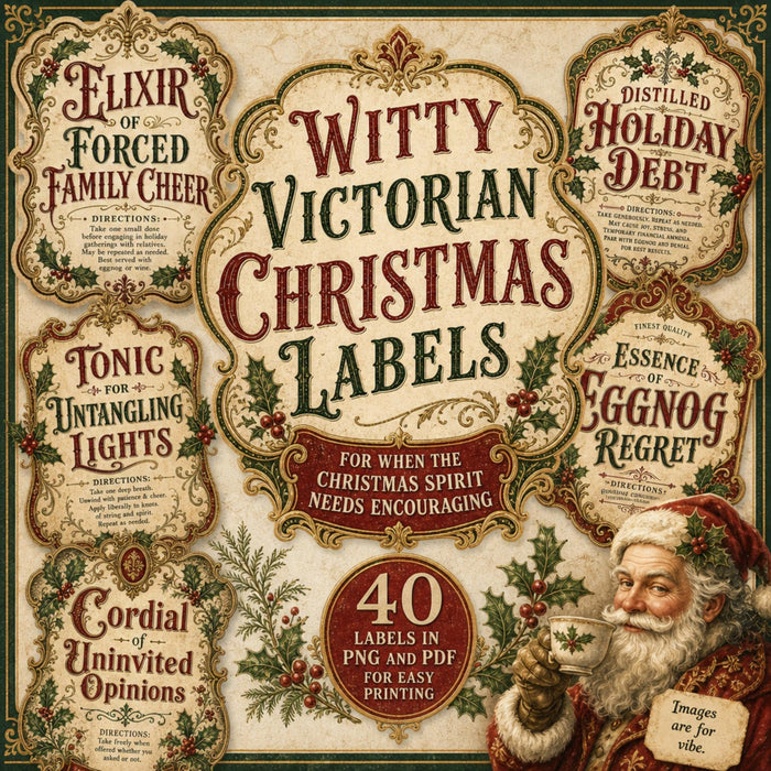 Witty Victorian Christmas Apothecary Labels PNG Clipart Bundle, 40 Funny Holiday Potion Labels