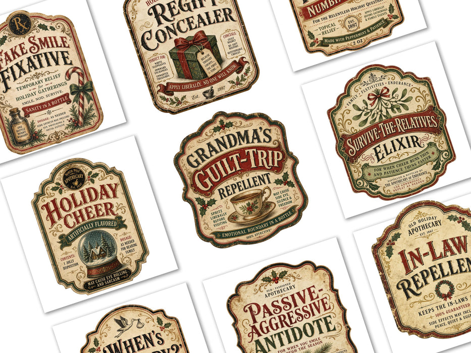 Sarcastic Holiday Labels PNG Clipart Bundle, Vintage Christmas Apothecary Humor
