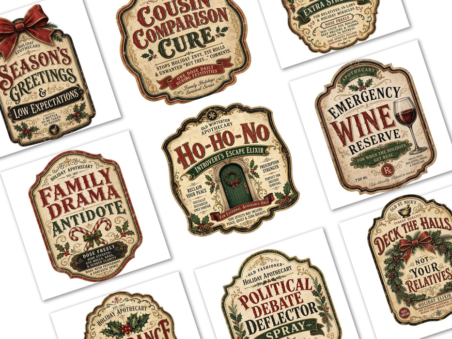 Sarcastic Holiday Labels PNG Clipart Bundle, Vintage Christmas Apothecary Humor