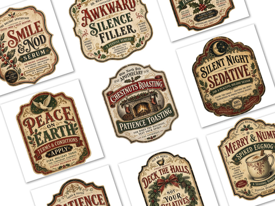 Sarcastic Holiday Labels PNG Clipart Bundle, Vintage Christmas Apothecary Humor