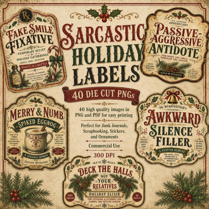 Sarcastic Holiday Labels PNG Clipart Bundle, Vintage Christmas Apothecary Humor