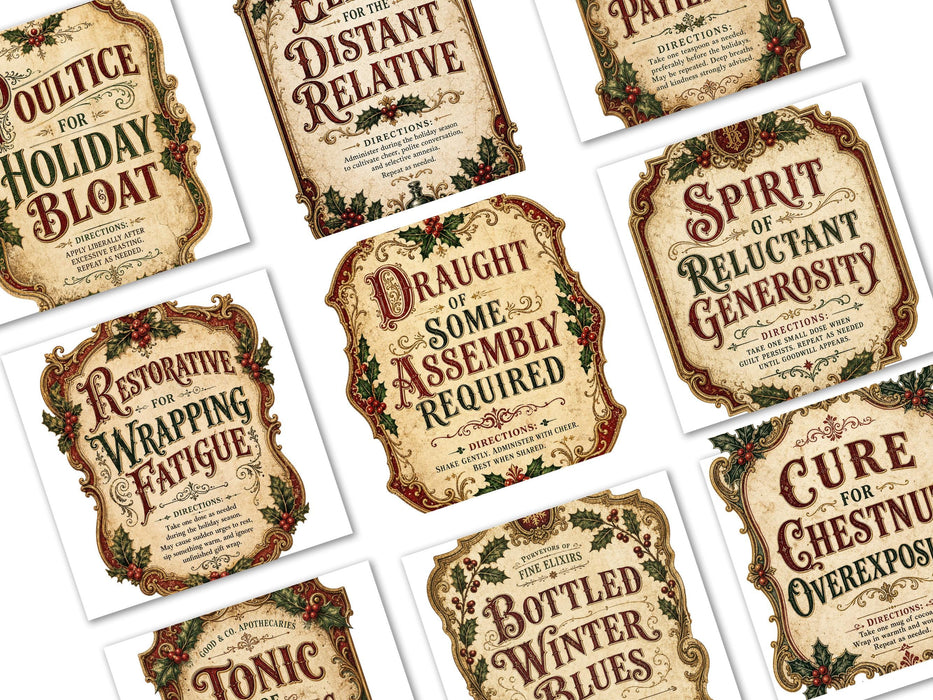 Witty Victorian Christmas Apothecary Labels PNG Clipart Bundle, 40 Funny Holiday Potion Labels
