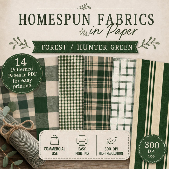 Homespun Fabrics Pine Green Printable Paper Pack, Primitive Farmhouse Plaid Digital Paper