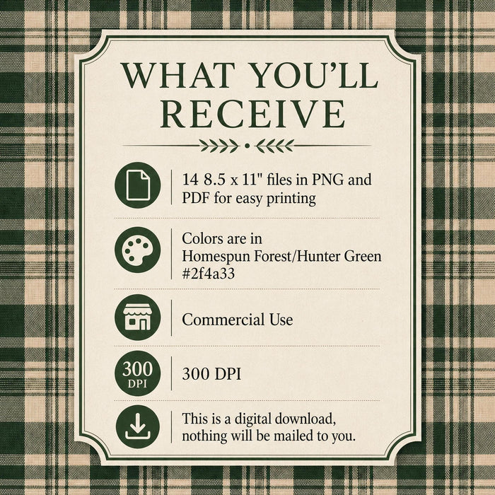 Homespun Fabrics Pine Green Printable Paper Pack, Primitive Farmhouse Plaid Digital Paper