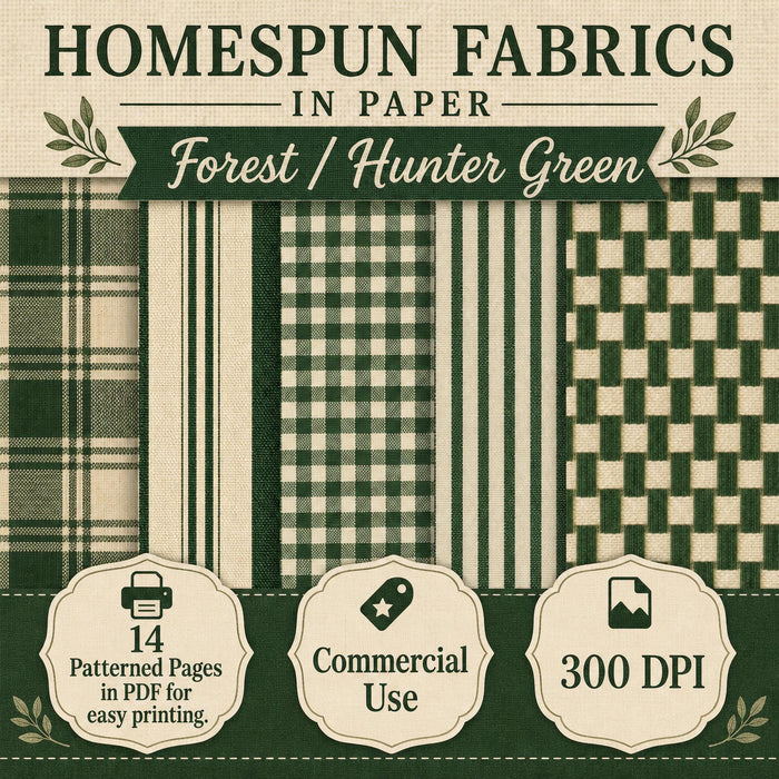 Homespun Fabrics Pine Green Printable Paper Pack, Primitive Farmhouse Plaid Digital Paper