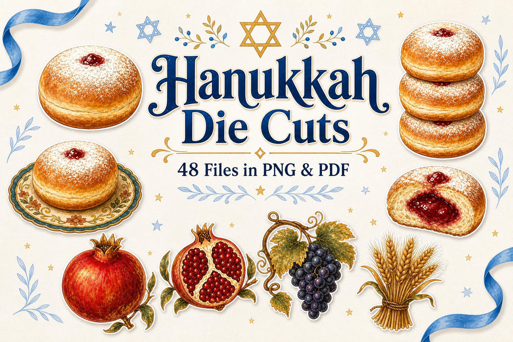 Hanukkah Die Cuts PNG Clipart Bundle, Jewish Holiday, Junk Journal, Sufganiyot Latkes Art