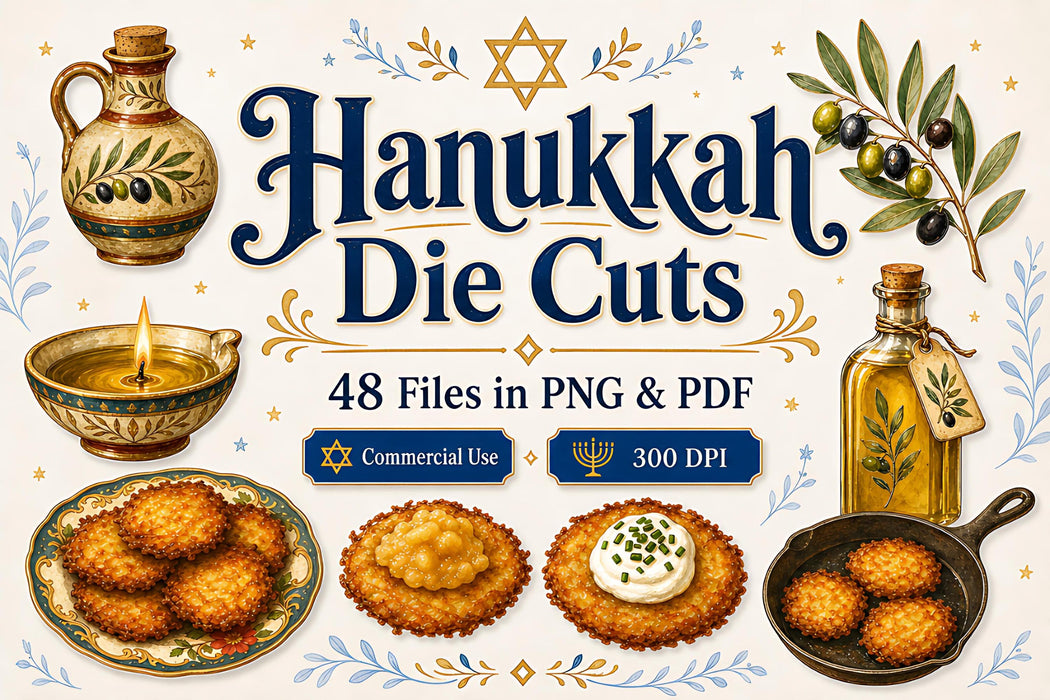 Hanukkah Die Cuts PNG Clipart Bundle, Jewish Holiday, Junk Journal, Sufganiyot Latkes Art