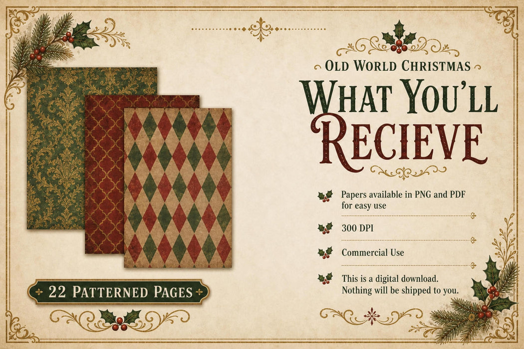 Vintage Christmas Paper Pack Printable, Junk Journal, Antique Patterns, Holiday Backgrounds, Commercial Use