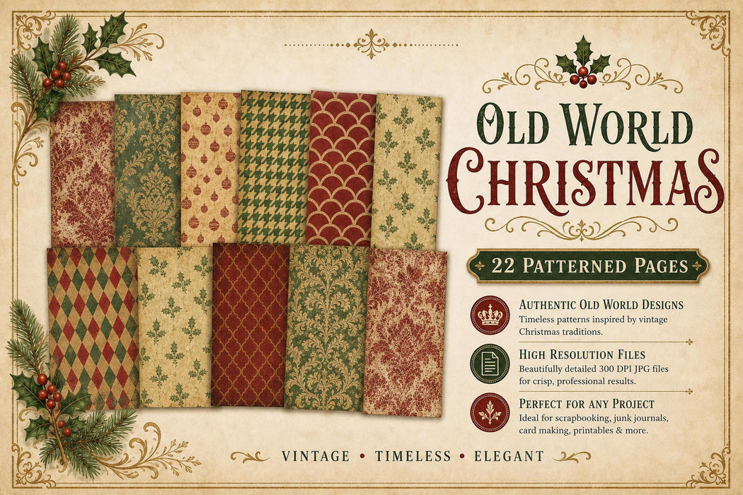 Vintage Christmas Paper Pack Printable, Junk Journal, Antique Patterns, Holiday Backgrounds, Commercial Use