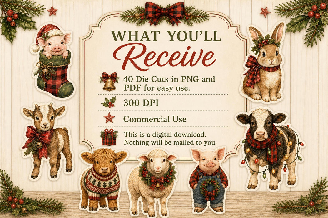 Bells & Bows PNG Clipart Bundle, Christmas Farm Animal Die Cuts, Animals In Scarves