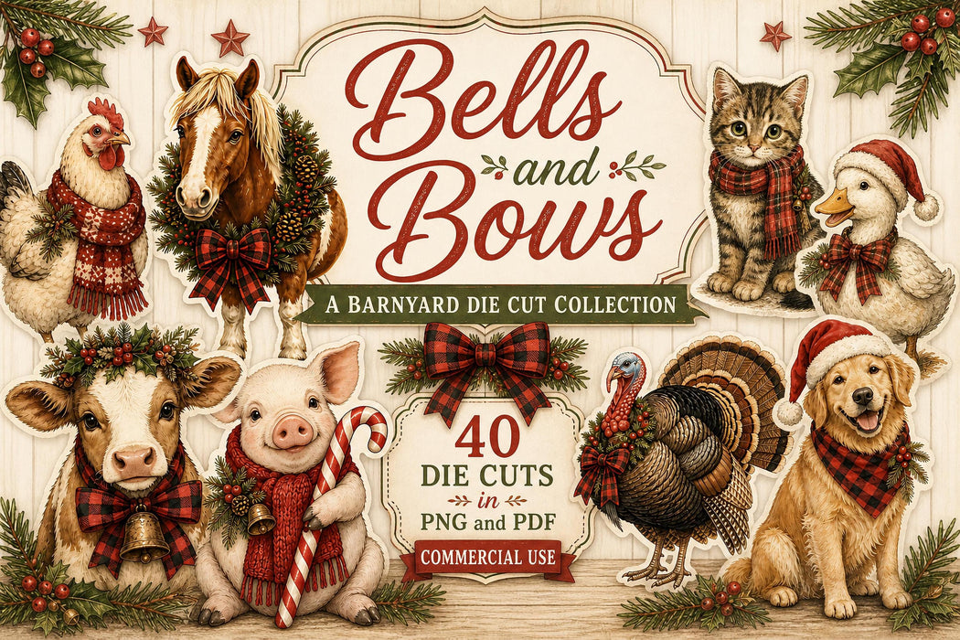 Bells & Bows PNG Clipart Bundle, Christmas Farm Animal Die Cuts, Animals In Scarves