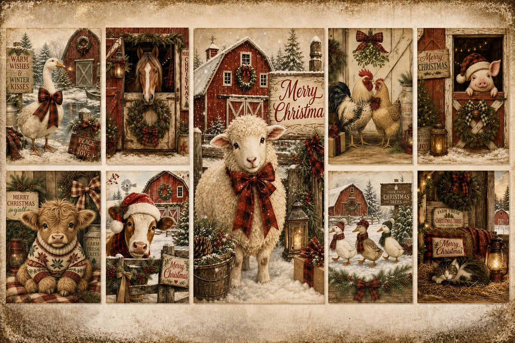 Down at the Barn Printable Paper Pack, Christmas Scenes, Farm Animal Pages, Card Fronts