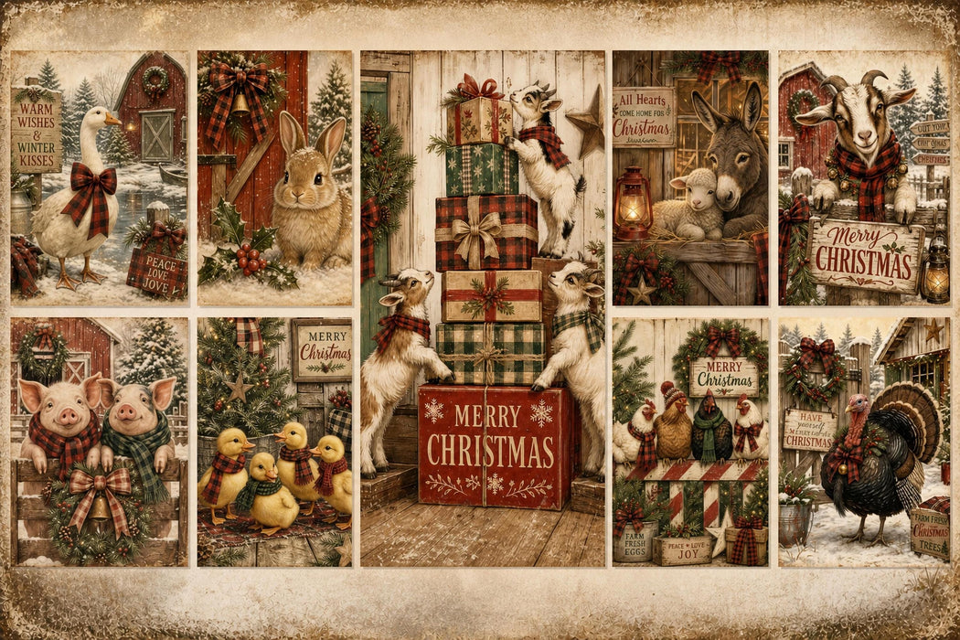 Down at the Barn Printable Paper Pack, Christmas Scenes, Farm Animal Pages, Card Fronts