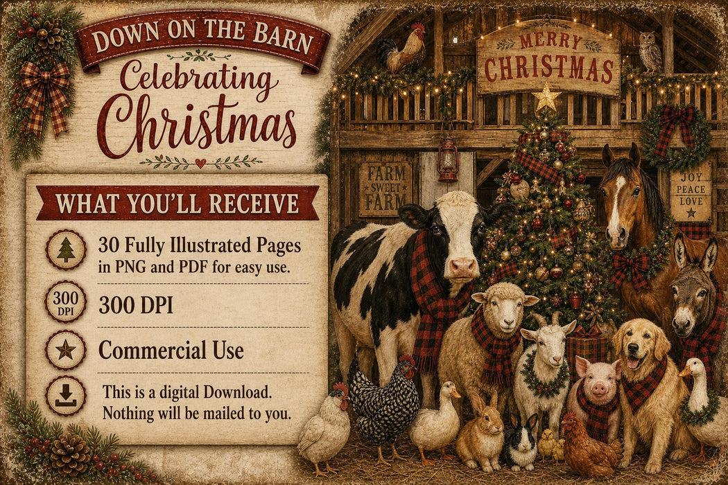 Down at the Barn Printable Paper Pack, Christmas Scenes, Farm Animal Pages, Card Fronts
