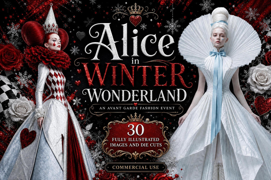 Alice in Wonderland Clipart, Winter Couture Die Cuts, Junk Journal Ephemera, Fashion PNG Bundle