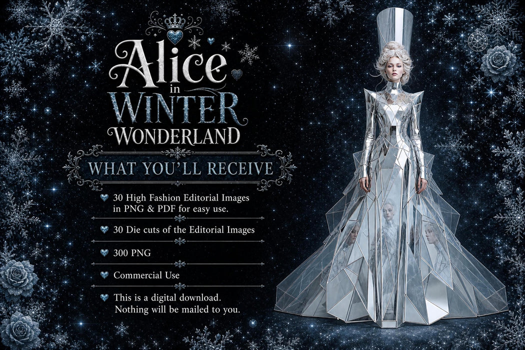 Alice in Wonderland Clipart, Winter Couture Die Cuts, Junk Journal Ephemera, Fashion PNG Bundle