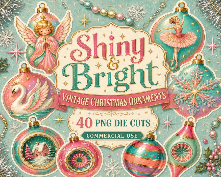Retro Christmas Clipart, Pastel Ornament Die Cuts, Vintage Christmas PNG, Junk Journal Ephemera