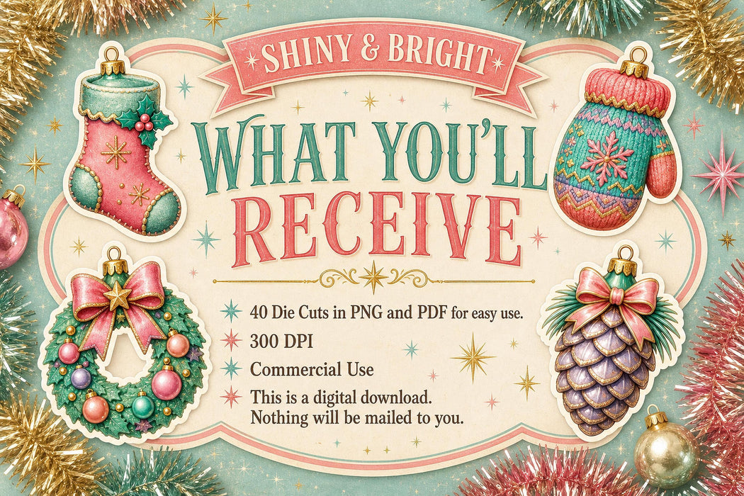 Retro Christmas Clipart, Pastel Ornament Die Cuts, Vintage Christmas PNG, Junk Journal Ephemera