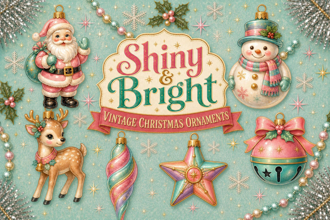 Retro Christmas Clipart, Pastel Ornament Die Cuts, Vintage Christmas PNG, Junk Journal Ephemera