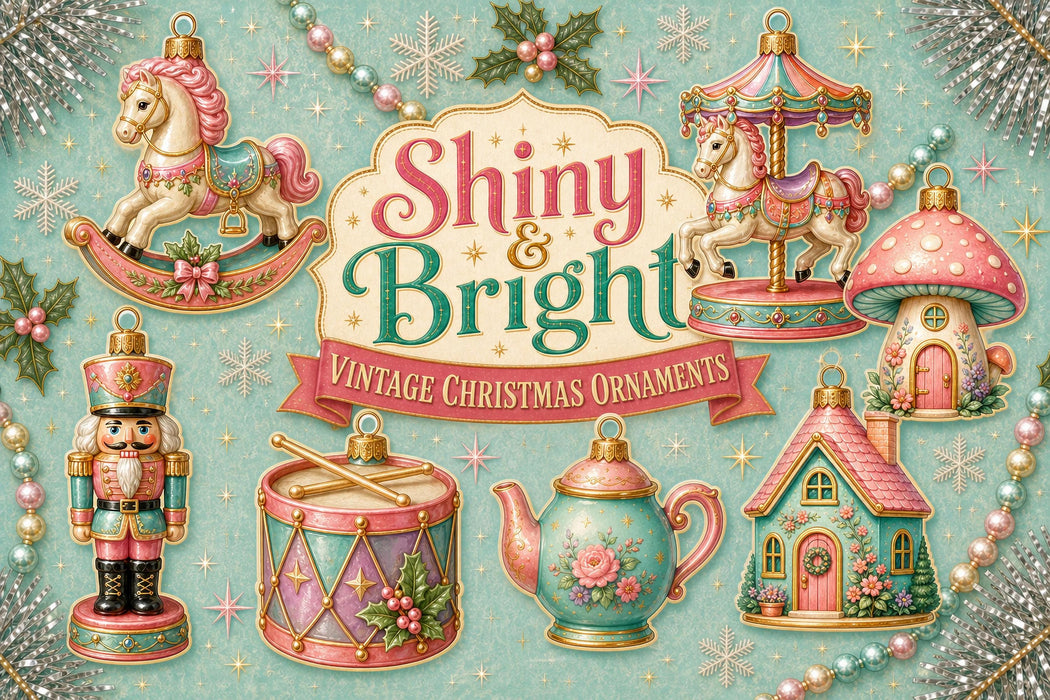 Retro Christmas Clipart, Pastel Ornament Die Cuts, Vintage Christmas PNG, Junk Journal Ephemera