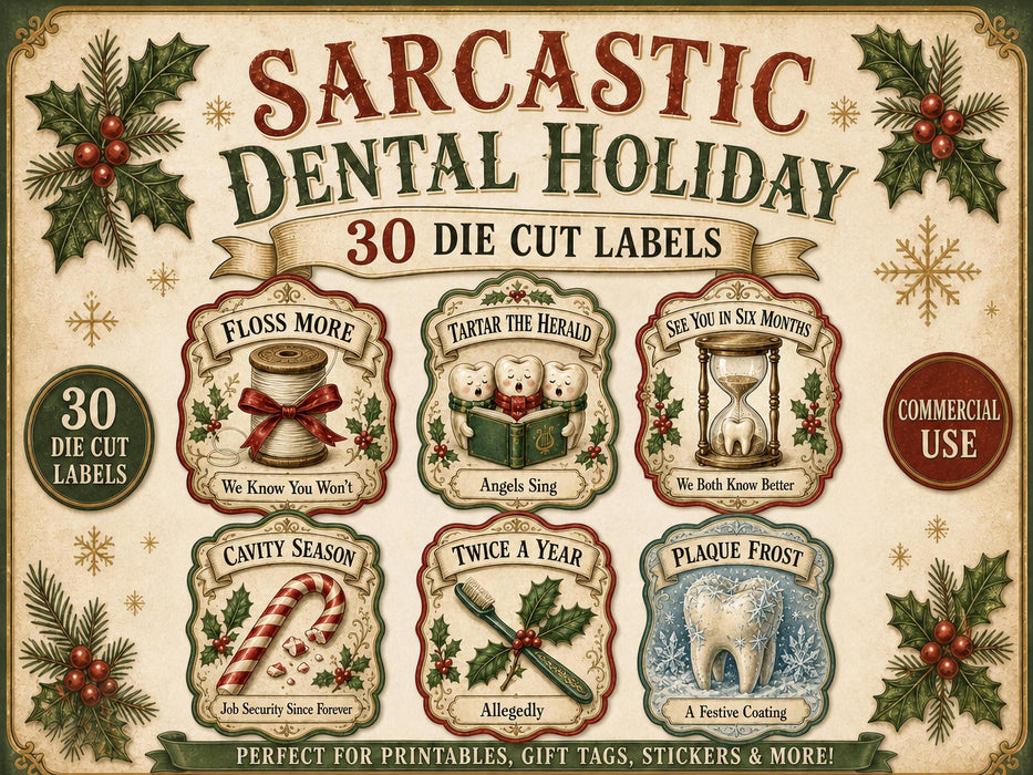 Sarcastic Dental Office Christmas Labels, Dentist Hygienist Desk Staff Gift (30 PNG Files)
